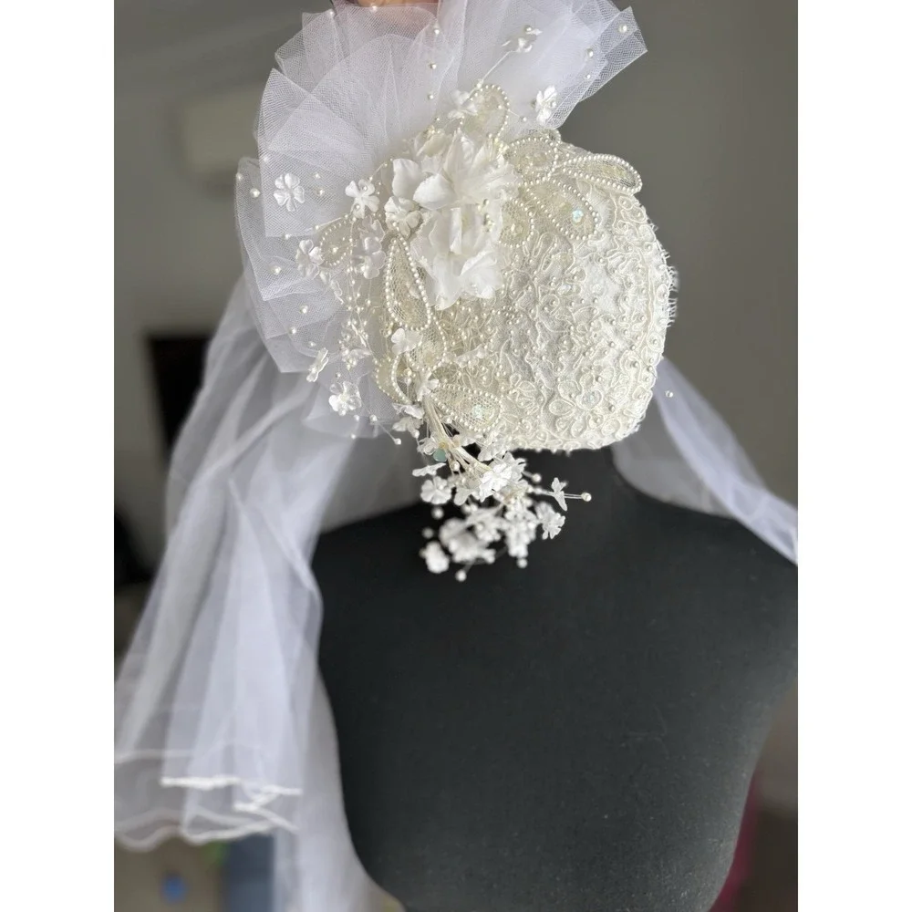 Vintage bohemian Bridal‎ Hat Veil White Lace Beaded Floral Wedding 30
